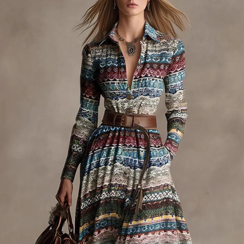 TEMU 2025 Autumn/Winter Elegant Tribal Print Long-Sleeve Dress for Women