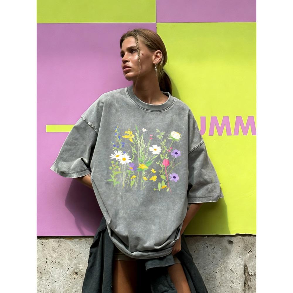 Various Flowers And Green Leaves Design Washed T-Shirt Women Cotton Vintage Short Sleeves Sportswear Summer T Shirt