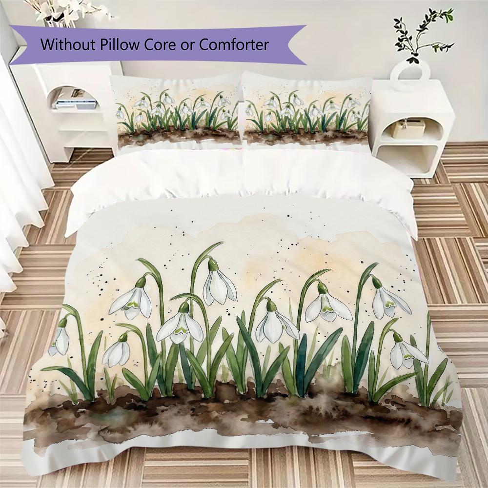 White Snowdrop Floral Pattern Bedding uilt Set uilt Cover Pillowcase Home Decoration Birthday Gift (1 * duvet cover + 2 * pillowcase without core)