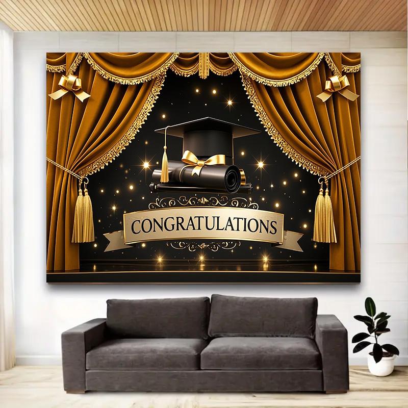 Pozadí na oslavu promoce, text "Gratulujeme", téma promoční čepice a závěsu pro domov, zahradu nebo svátek, promoční dekorace