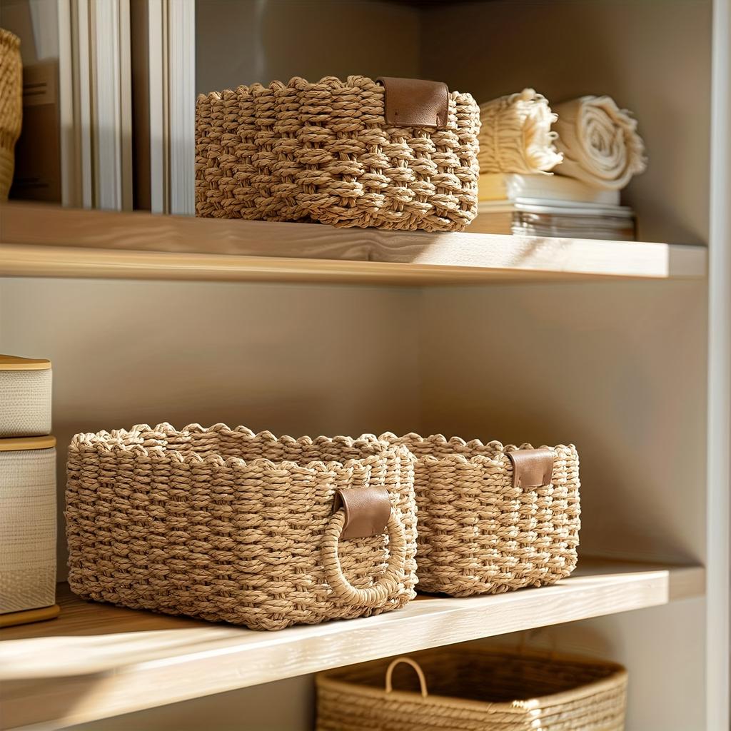 Woven Storage Basket, Paper Rope Storage Basket with Handle, Small Woven Basket for Organising, Decorated Cute Gift Basket