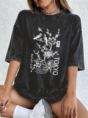 Tokio Blumen und Vögel Baumwolle Gewaschen T-Shirts Damen Sommer Oversized T-Shirt Rundhals Kurzarm Oberteile Lässige Damen Kleidung