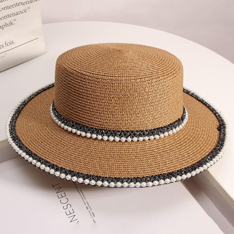 Hat Women's Summer Beach Seaside Travel Straw Hat Pearl Sunscreen Hat Premium Sense UV Protection Sun Hat
