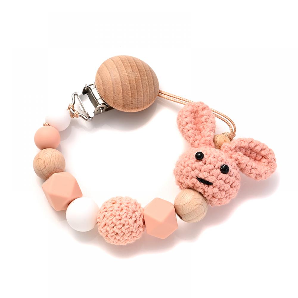 Nursing Chew Toy Baby Dummy Holder Chain BPA Free New Baby Wooden Pacifier Clip Wood Crochet Rabbit Teething Soother Chain