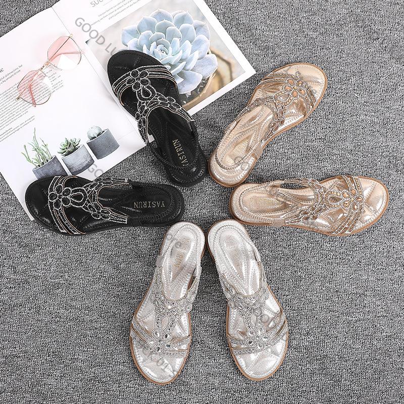 Fashion Women Flat Rhinestone Sandals Bohemian Sandals 2025 Summer New Non Slip BeachElastic Low Heels Roman Sandals Sandalias Mujer
