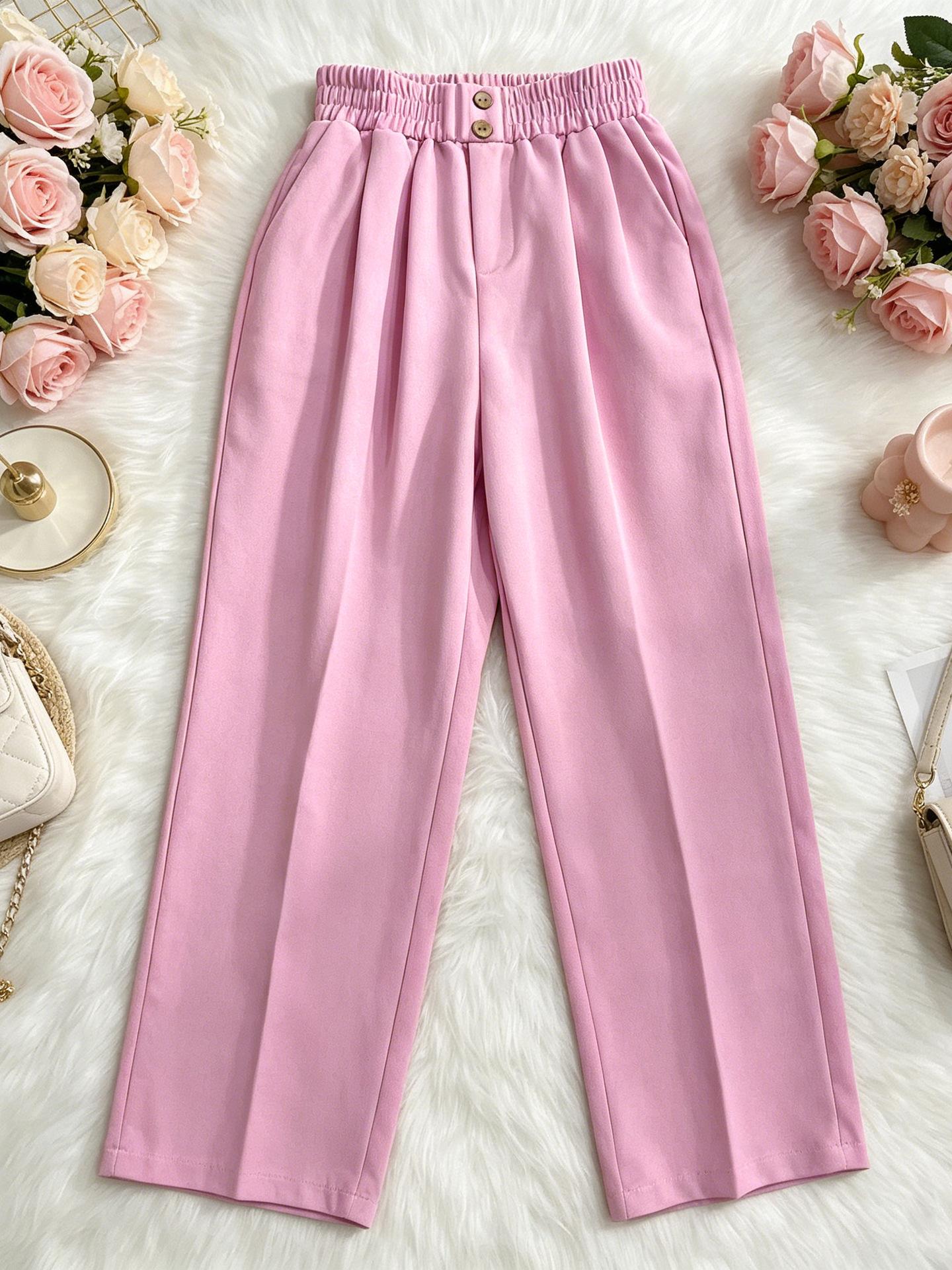 Women S Casual Straight Leg Solid Color Woven Long Pants S розовый