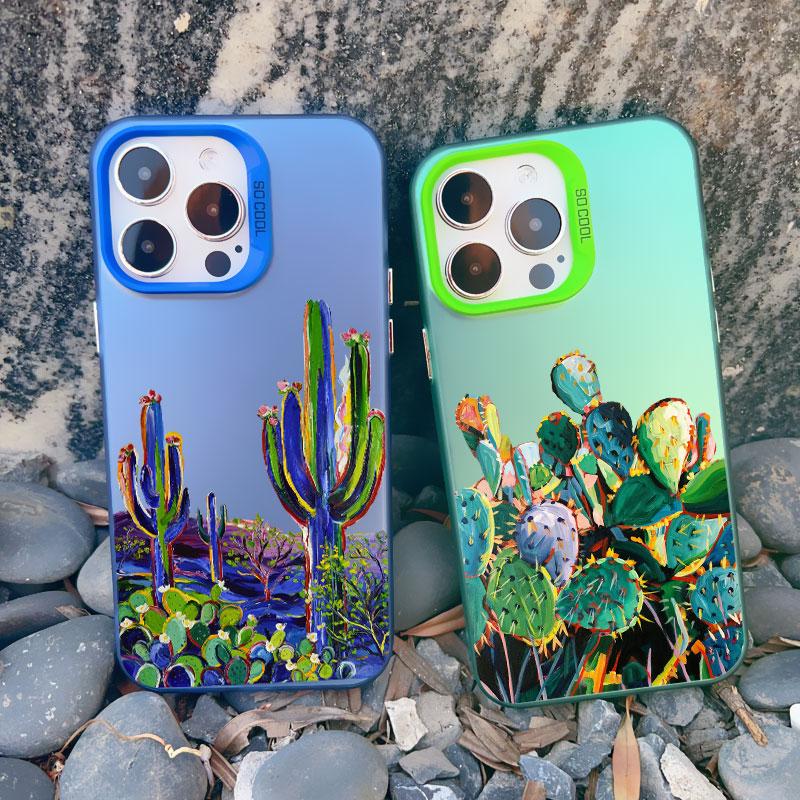 Cartoon Cactus Plants Phone Case Cover For iPhone 13 Mini 12 11 Pro Max 15 14 13 Pro Max 15 14 Plus Shockproof Laser Back Covers