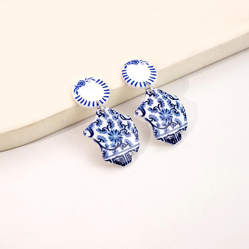 Vintage Blaue Und Weiße Porzellanohrringe Chinesischer Stil Wellenpunkt Elegante Geometrische Ohrringe Damen Ohrschmuck
