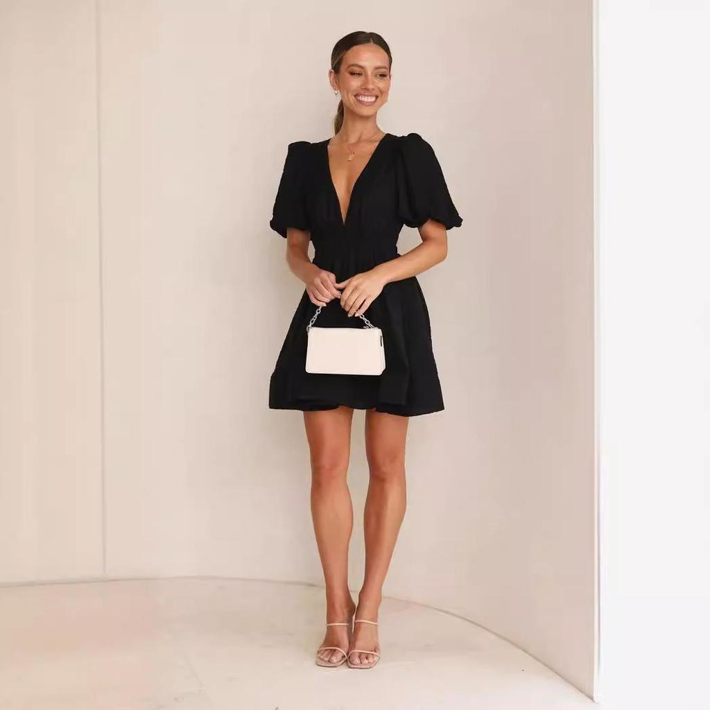 Women Spring Solid Color V-Neck Short Puff Sleeve Dress Summer Casual A-Line High Waist Above Knee Dresses S-XL