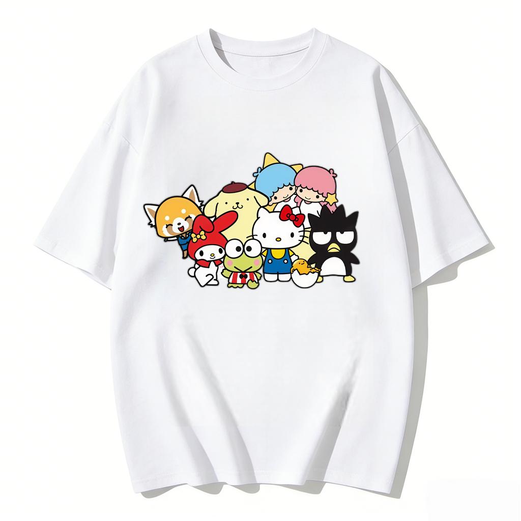 2026 New Sanrio Characters Group Cartoon Print Tshirt Family Matching Outfits Casual Short Sleeve Tee for Women Unisex Kids Tops