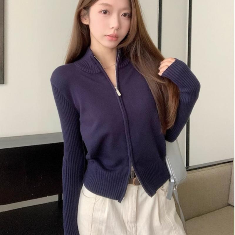 A New Slim, Loose and Short, Elegant Double-zipper Stand-up Collar Knitted Cardigan for Women