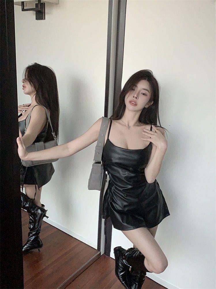 French Hepburn Style PU Leather Little Black Dress with Pleated Mini Skirt, Slimming Slit, and Spaghetti Straps