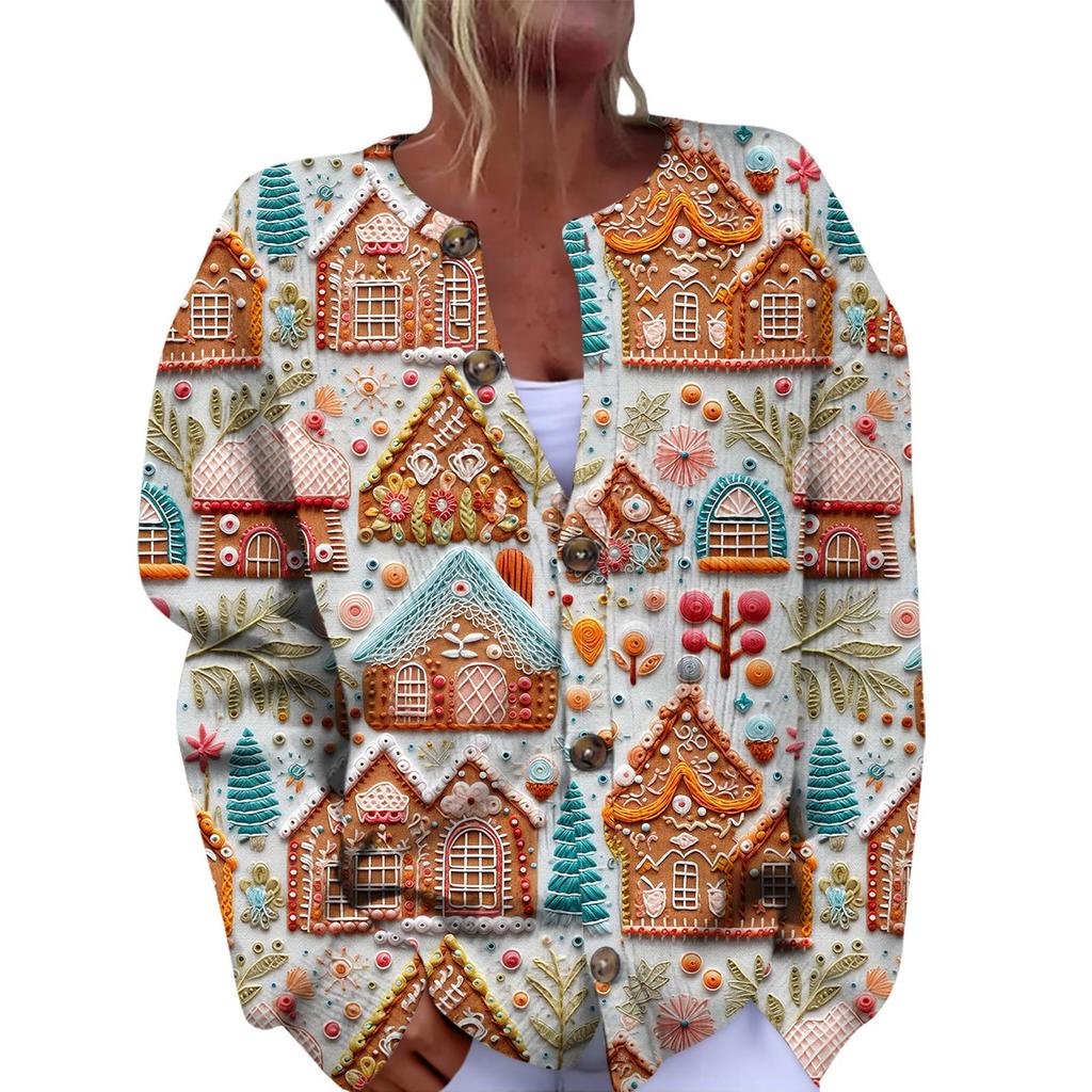Women's Fashion Christmas Printed Long Sleeve Knitted Cardigan Button Down Jacket