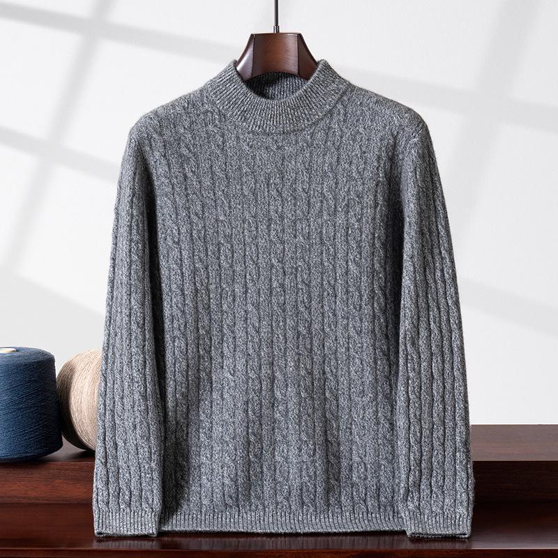Men's Thickened High Neck Cable Knit Cashmere Sweater - Loose Fit Casual Autumn/Winter Top