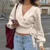 VEZFAA Damenmode, lässig, Herbst/Winter, einfarbig, bedruckt, langärmelig, V-Ausschnitt