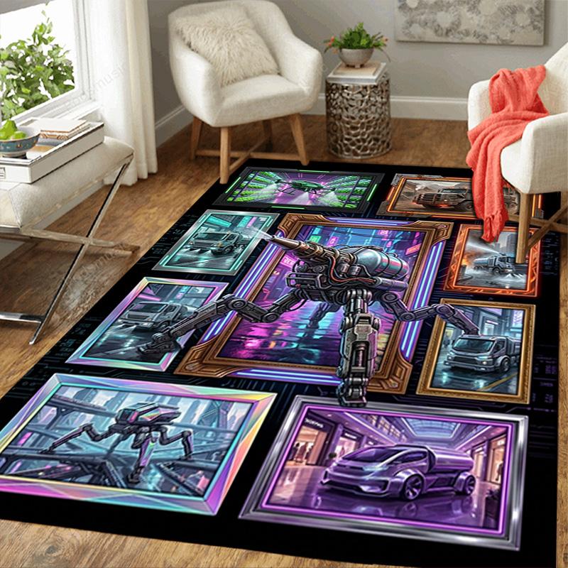 Robotic Future City Pattern Rug Floor Mat for Living Room or Bedroom Soft and Comfortable Carpet a Gift for Birthday and Holiday.