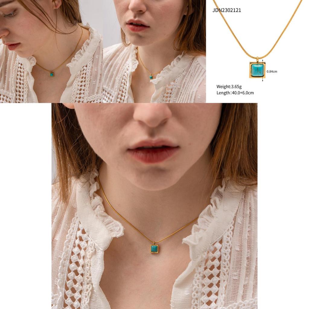 Geometric Style 18k Gold Stainless Steel Necklace With Blue Peacock Stone Trendy And Stylish