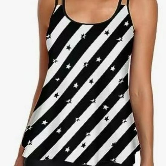 Popular Plus Size Women's Tankini: Halter Vest & Flat Leg Swim Trunks with Loose Print