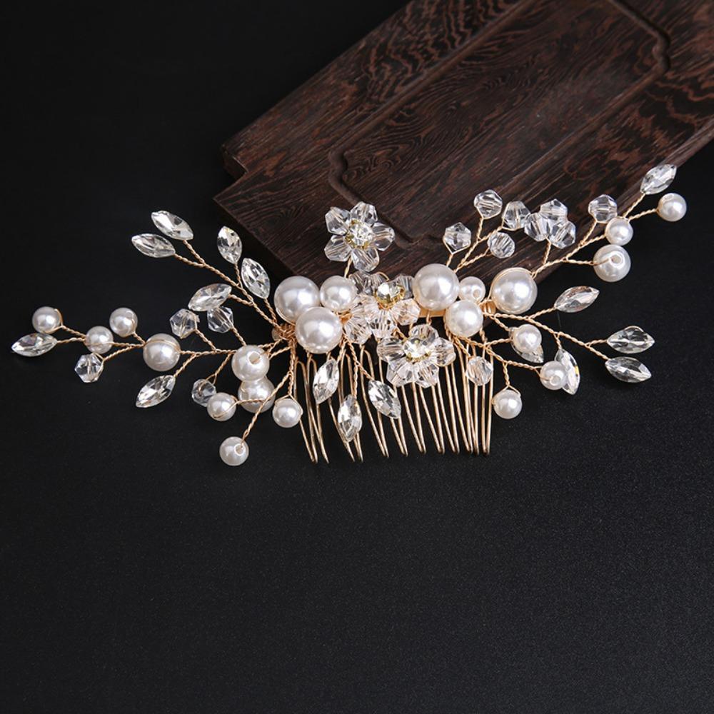 

Handmade Wedding Hairstyles Jewelry Pearls Rhinestone Leaves Women Headdress Bridal Comb Girls золотой