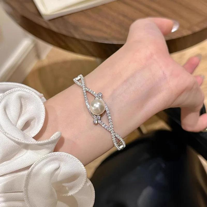 Original silver  Diamond inlay White Pearl bangles for women Fashion and Elegant Hollow out bracelets Wedding  Gift