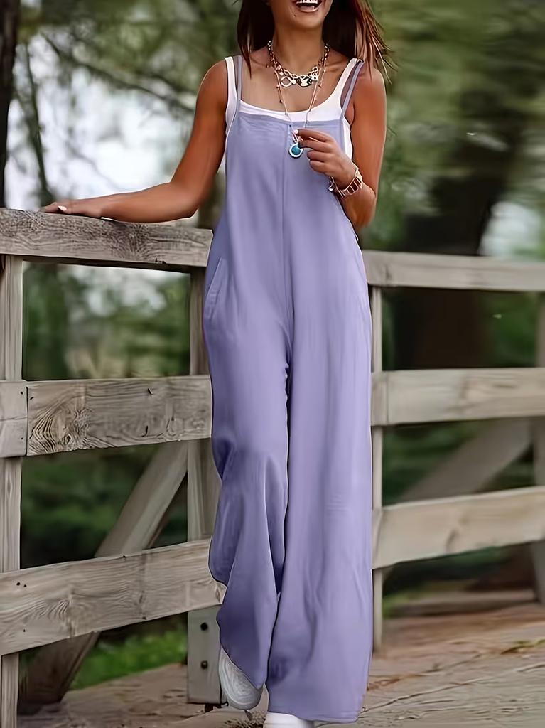 Solid Color Jumpsuit Women Casual Sleeveless Loose Fit Wide Leg One-Piece Outfit Summer Fashion Romper