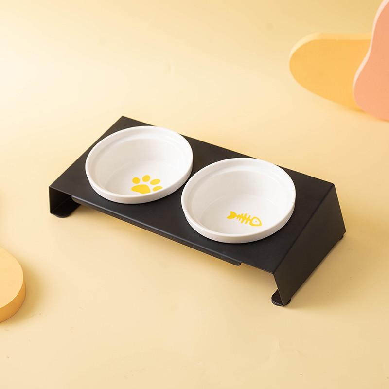 Cartoon Pet Dog Cat Bowl Ceramic Bowl Iron Frame Table Into A Kitten Skid Resistant Double Bowl Small Dog Food Feeder
