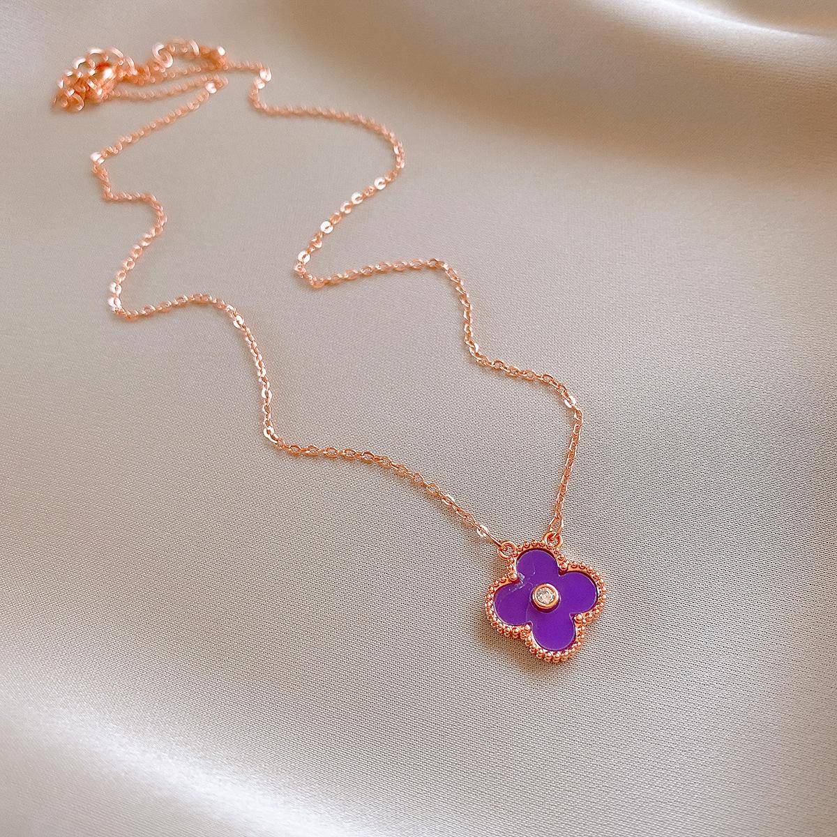 Korean simple purple zircon flower pendant necklace collarbone chain niche design jewelry set