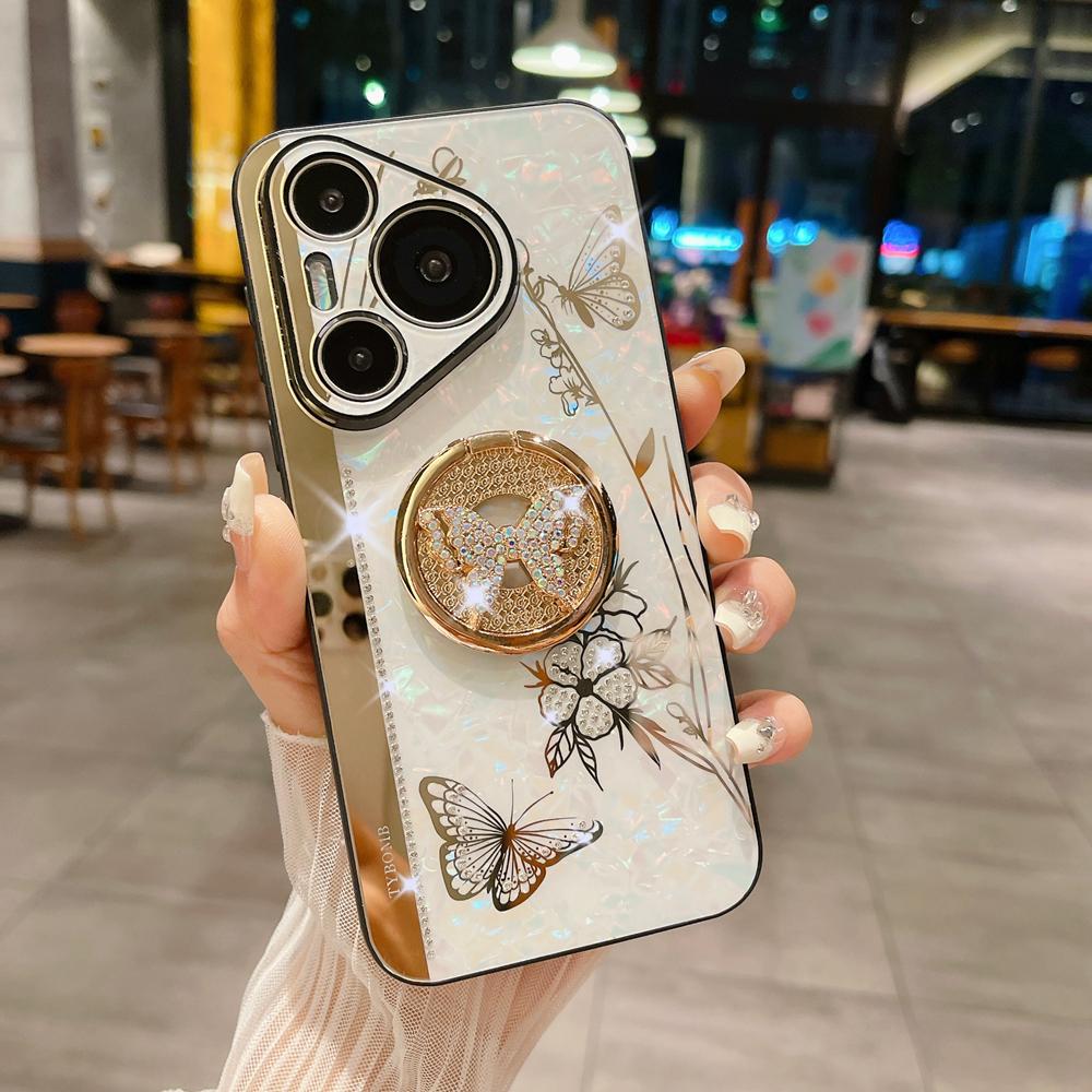 

Противоударный чехол KEYSION для Huawei Pura 70 Ultra 70 Pro+ Butterfly Ring Stand Phone Back Cover для Huawei P60 Pro P60Art P50 P40 for Huawei Pura 70 белый