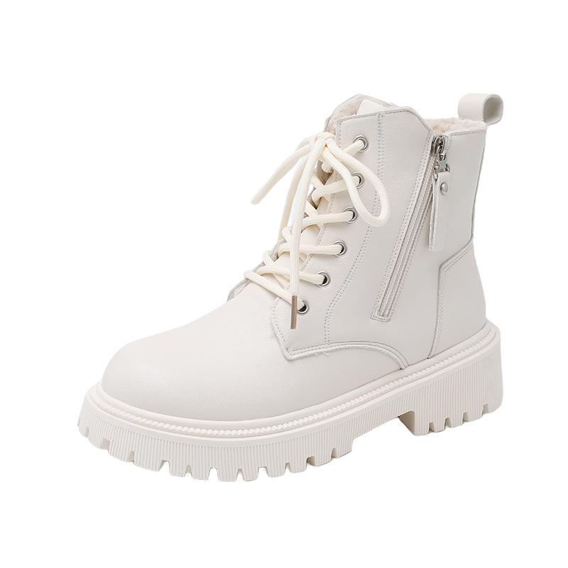 Women Genuine Leather Ankle Boots Zipper Short Plush Brown Women's Ankle Boots Platform Thick Heel Motorcycle Boots Women Shoes