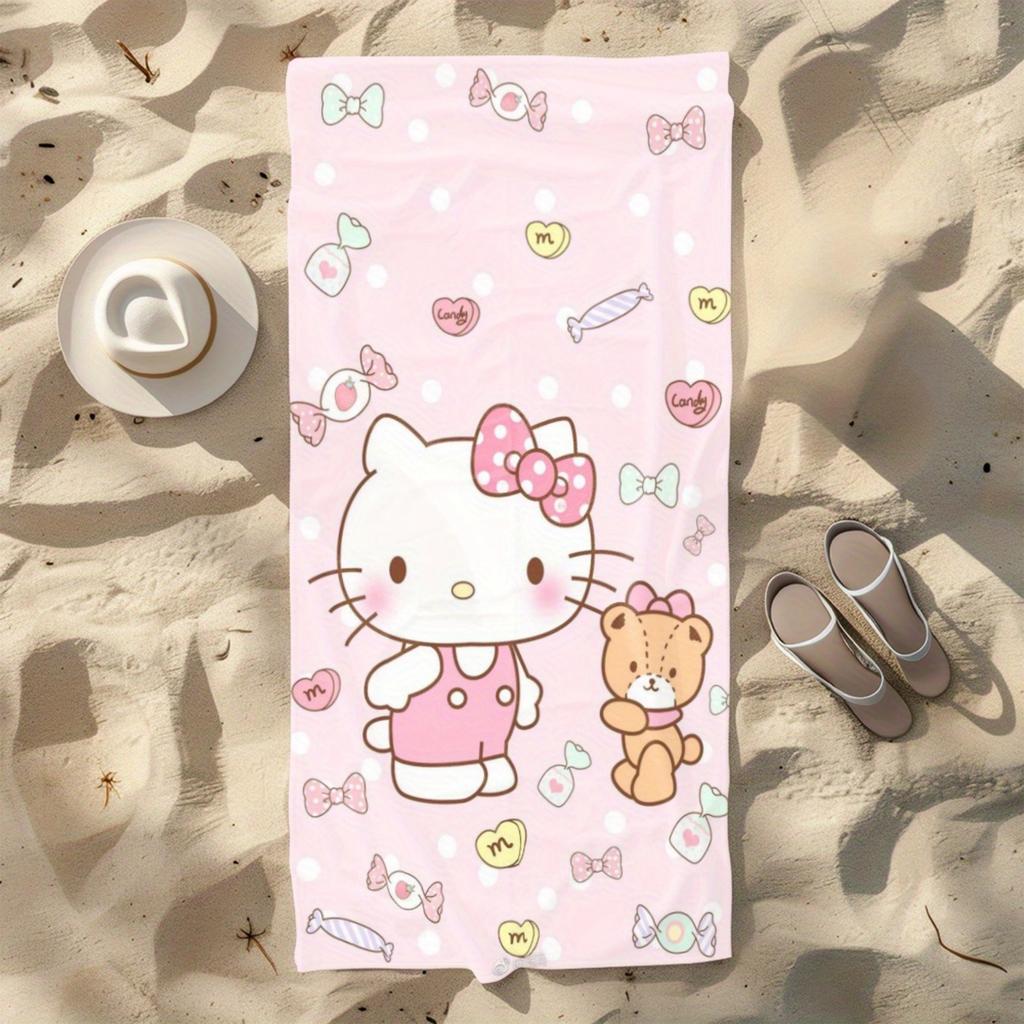 1pc Sanrio Hello Kitty & Teddy Bear Pink Beach Towel - Quick-Dry Large Bath Towel Machine Washable, Stylish & Absorbent