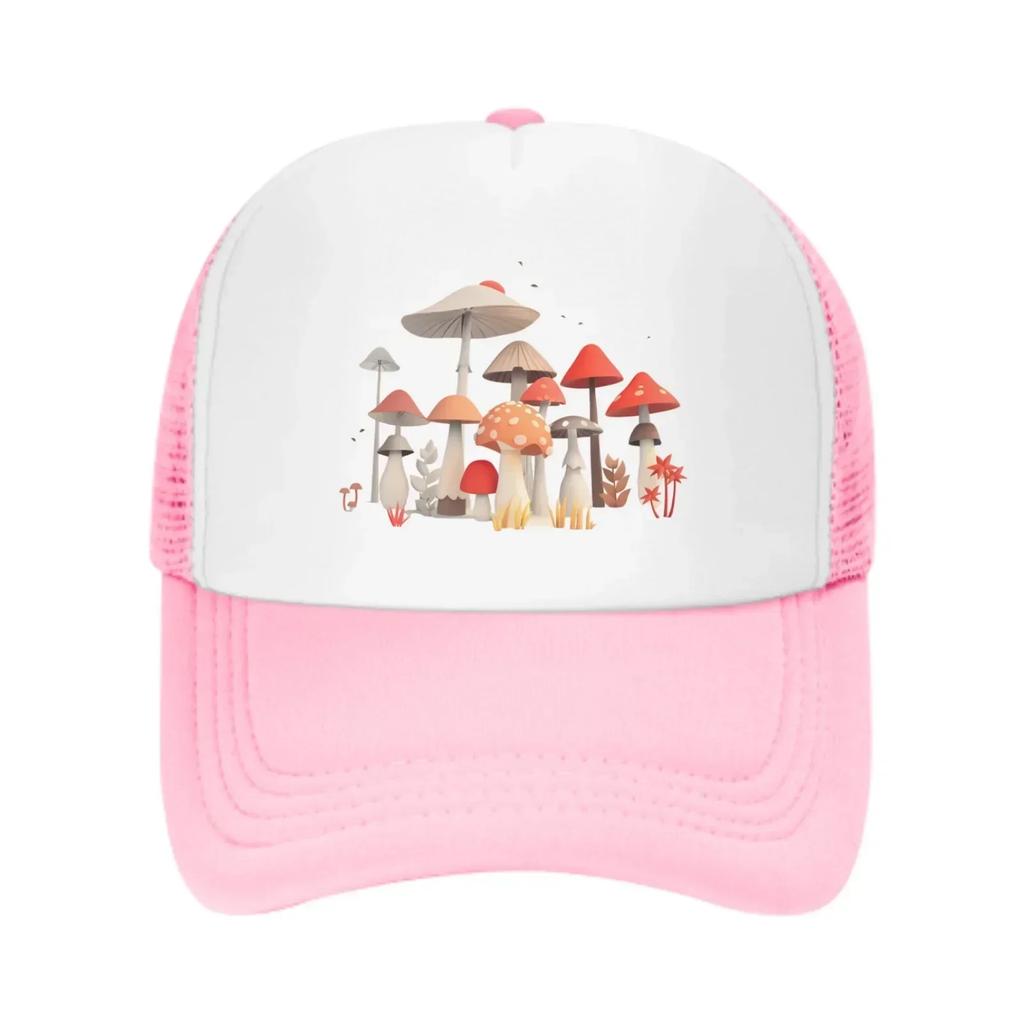 Mushroom Print Mesh Trucker Hat Adjustable Cotton Casual Baseball Cap for Outdoor Travel