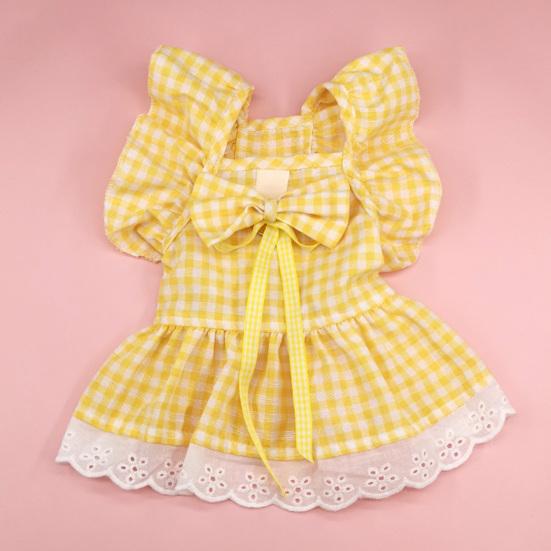 Yousheng 1 Set Pet Princess Dress Lace Patchwork Eye-catching Comfortable Soft Square Collar Dress Up Ruffle Sleeves Plaid Print Puppy Dog Skirt Pet