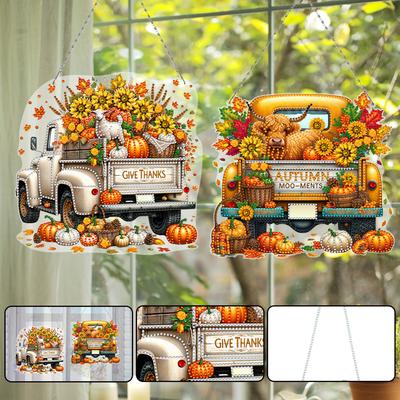 2pcs Pumpkin Car Theme 2D Flat DIY Special Shape Hanging Diamond Art Kits Diamond Painting Set Window Hanging Art for Home Decor
