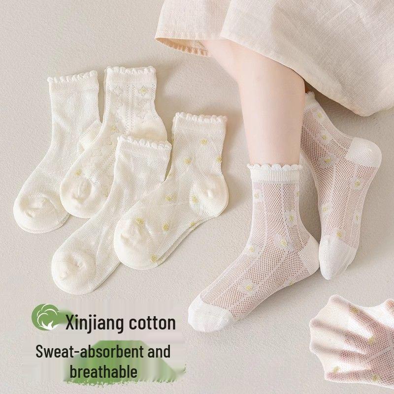 5 Pairs of Breathable Mesh Mid-Calf Lace Socks for Baby Girls - Perfect for Spring/Autumn