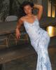 Women's Sexy Floral Print Spaghetti Strap Maxi Dress V Neck Backless Slim Fit Bodycon Long Dress for Summer Vacation Beach Party Date Night Wear