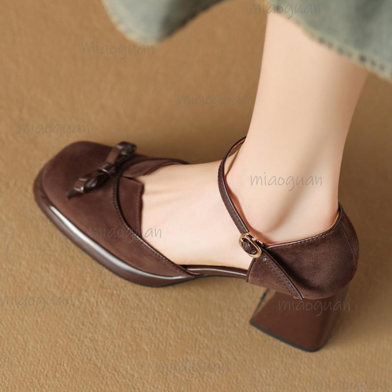 Fashion Fashion Sandals Summer New Suede Shallow Bow Single Shoes Woman's Square Toe Thick High Heel Pumps Elegant Zapatos De Mujer