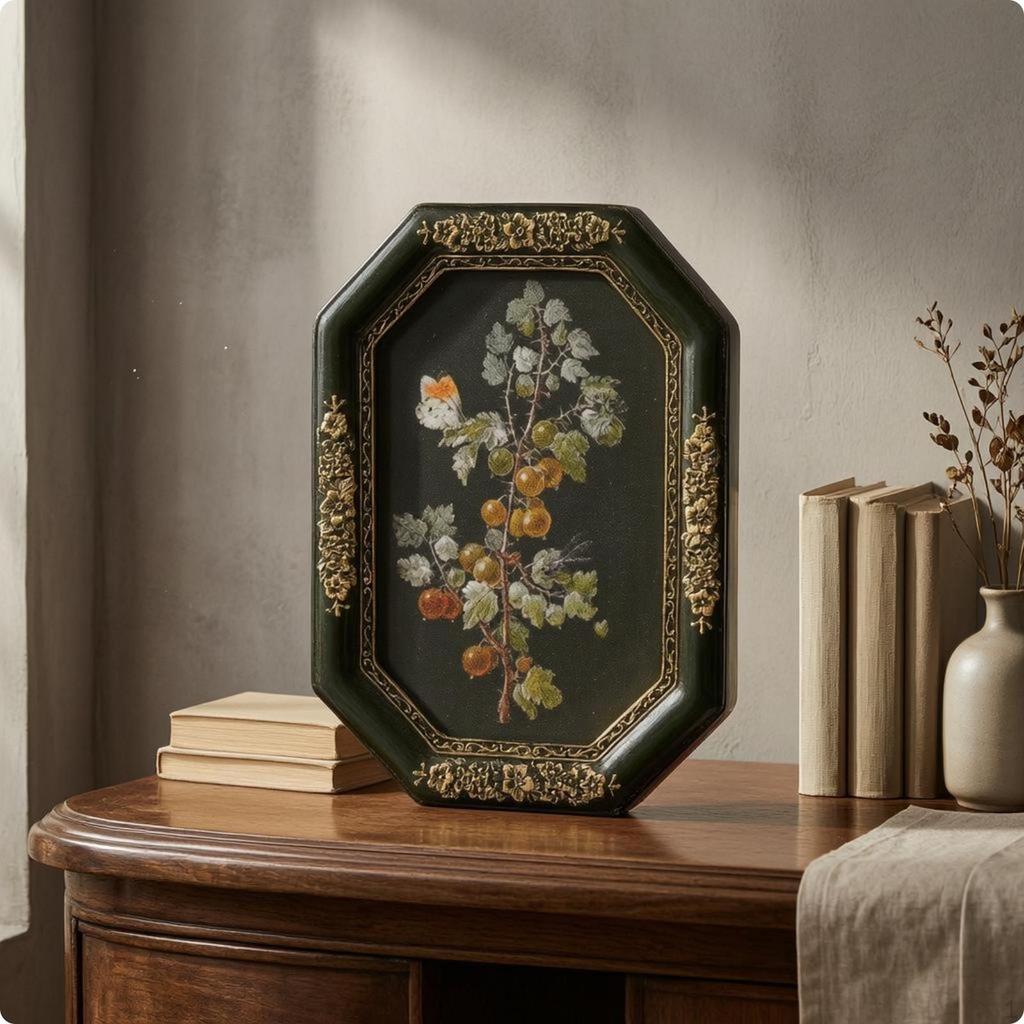 EightSided Picture Frame Floral Border Resin Photo Toned 6 Inch Black