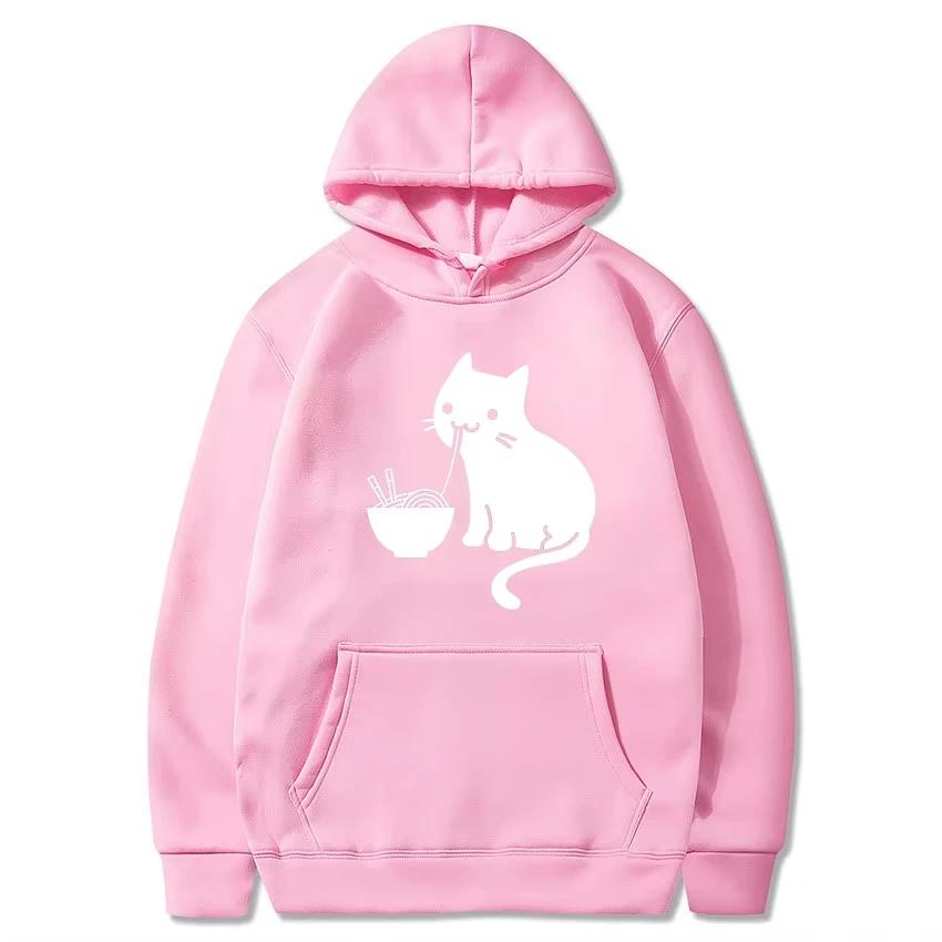 2025 Cute Cat Eating Ramen Pattern Print Pullover Hooded Sweatshirt Men's Street Outdoor Versatile Long Sleeve Comfortable