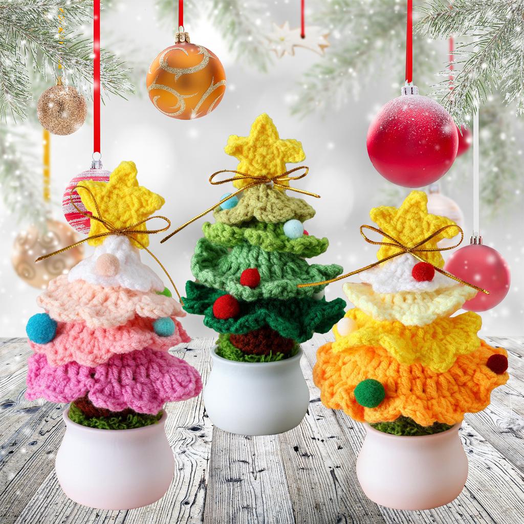 Mini Árbol de Navidad Tejido Simulación Árbol de Navidad de Ganchillo Adorno Bonsái para Centro Comercial Tienda Decoración del Hogar Verde