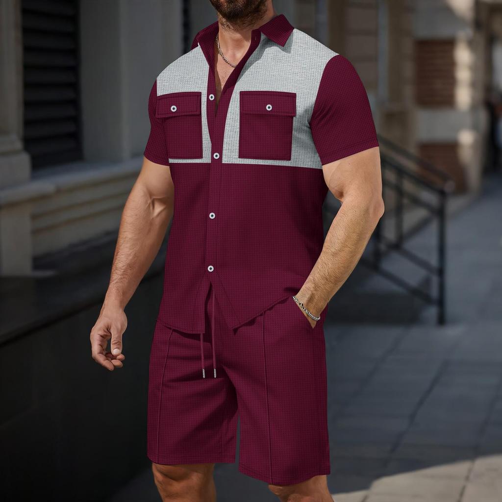 Men's Color Block Short-sleeved Cardigan and Pocket Shorts Set - Casual Summer Outfit