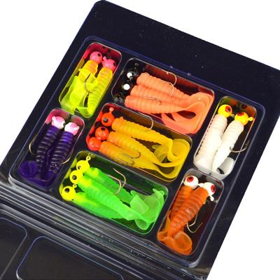 Set di 34 pezzi Ami da pesca con testa jig in metallo 17 pezzi Ami con testa jig + 17 pezzi Esche morbide Verme Grub Silicone Pesce Esca artificiale Attrezzatura