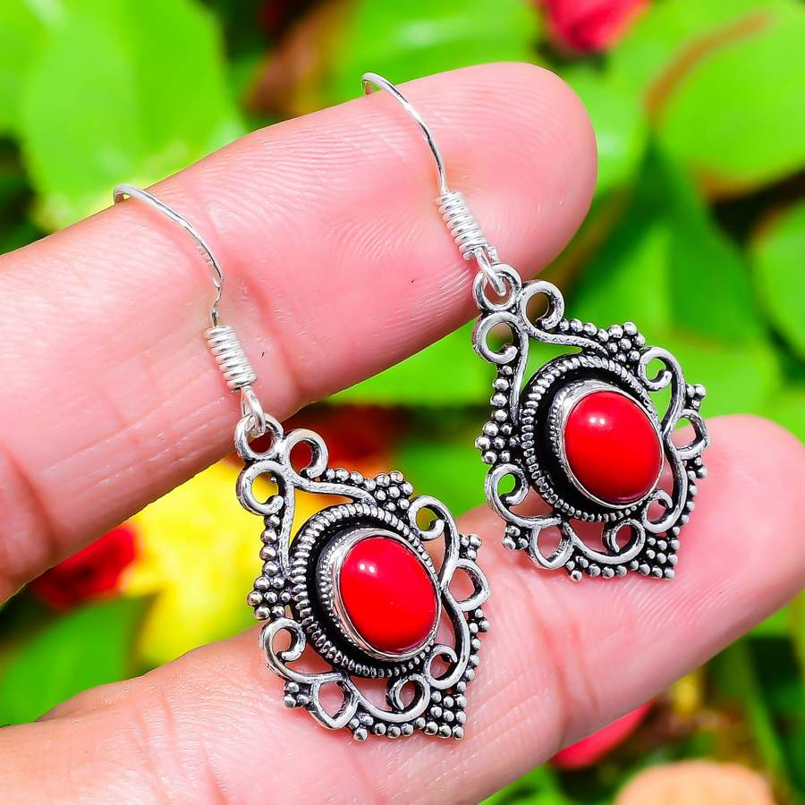 Italian Red Coral Gemstone 925 Sterling Silver Gift Jewelry Earring 1.69"