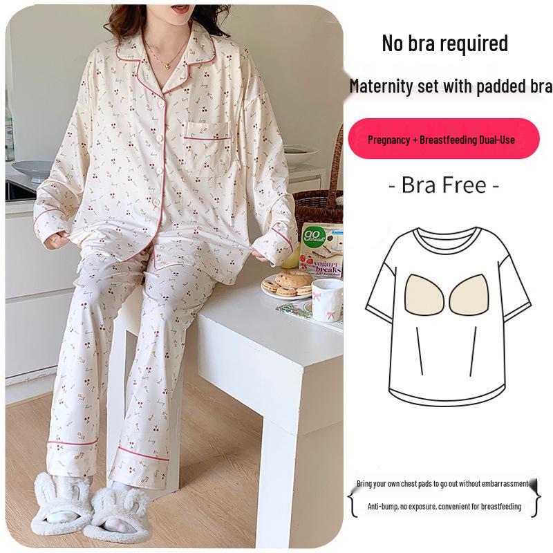 

Комплект пижамы для беременных и послеродовых женщин больших размеров с нагрудными вкладышами - С длинным рукавом, Весенне-осенняя одежда для кормления 2XLarge