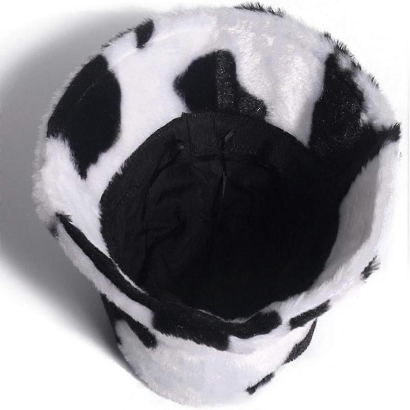 Milk Cow Print Faux Fur Bucket Hat - Fluffy Winter Fisherman Cap