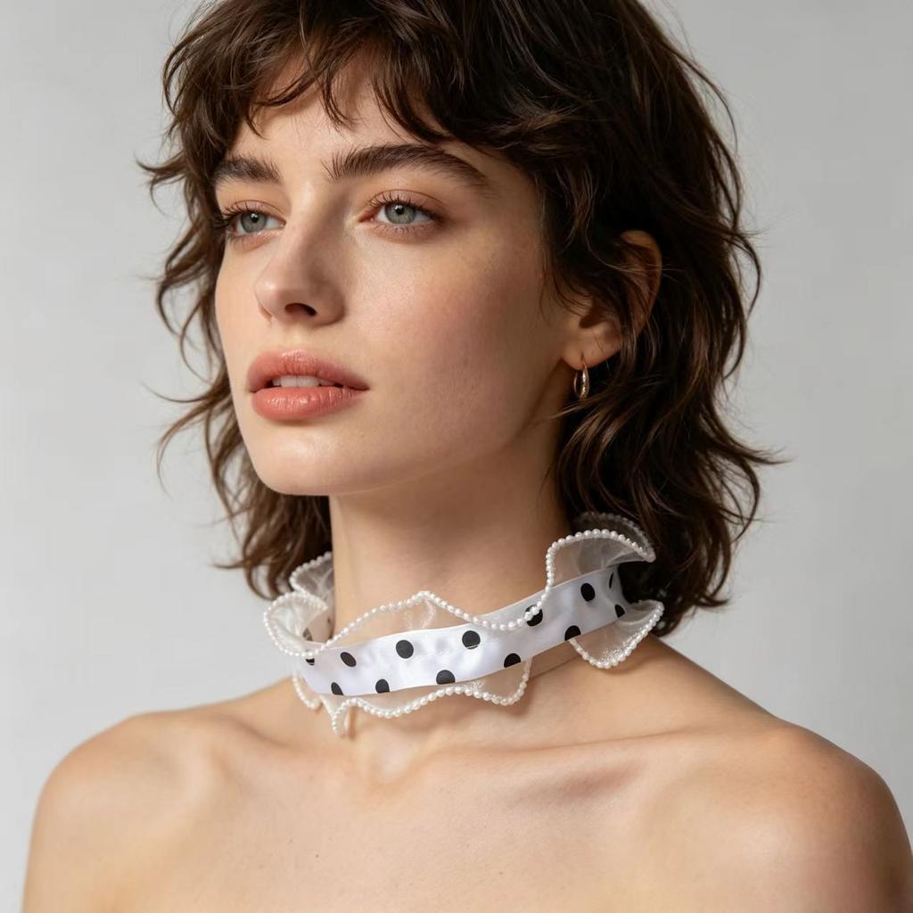 Vintage Ruffled Pearl Detachable Fake Collar Choker Elegant Lace Neck Collar For Dress Shirt Wedding Party Cosplay Decor