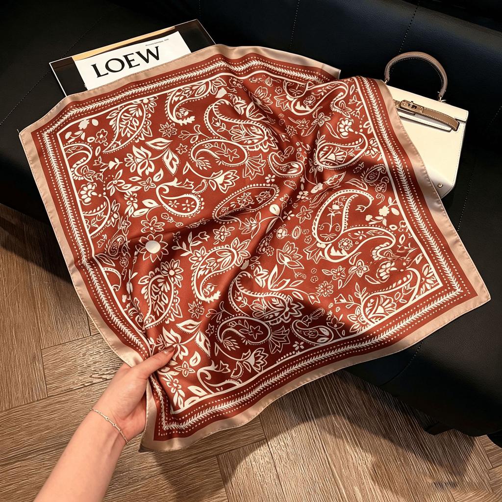 Lao Qian Feng Coffee Color Cashew Nut Silk Scarf Headscarf Versatile Neck Square Scarf Premium Sense Female Foreign Style Decorative Scarf Scarf