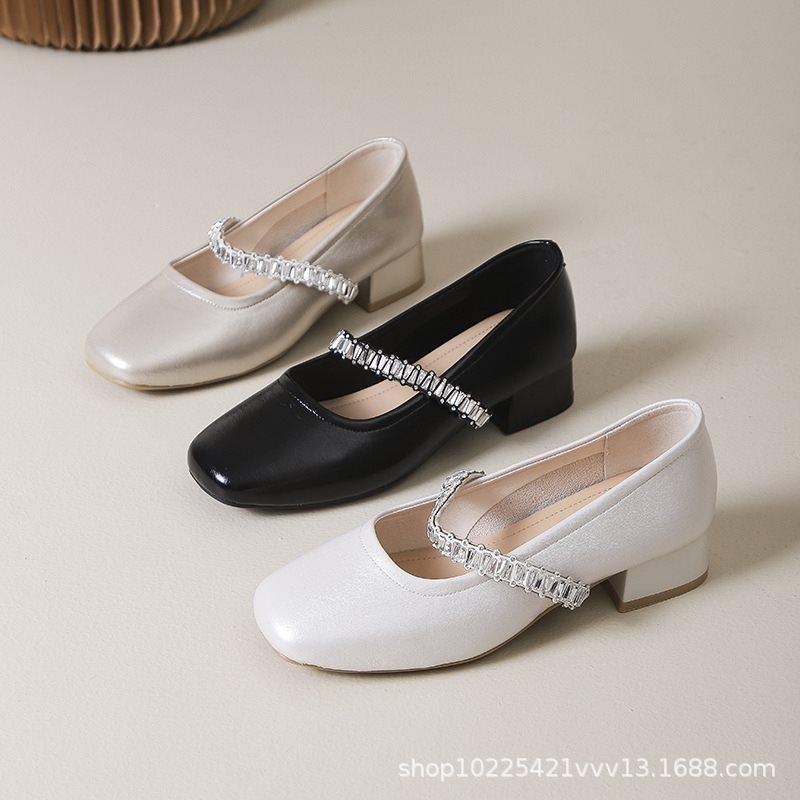 New Summer And Autumn Small Leather Shoes Trendy Thick Heel Shallow Mouth Single Shoes French Evening Shoes Square Head 2025 Rhinestone Mary Jane