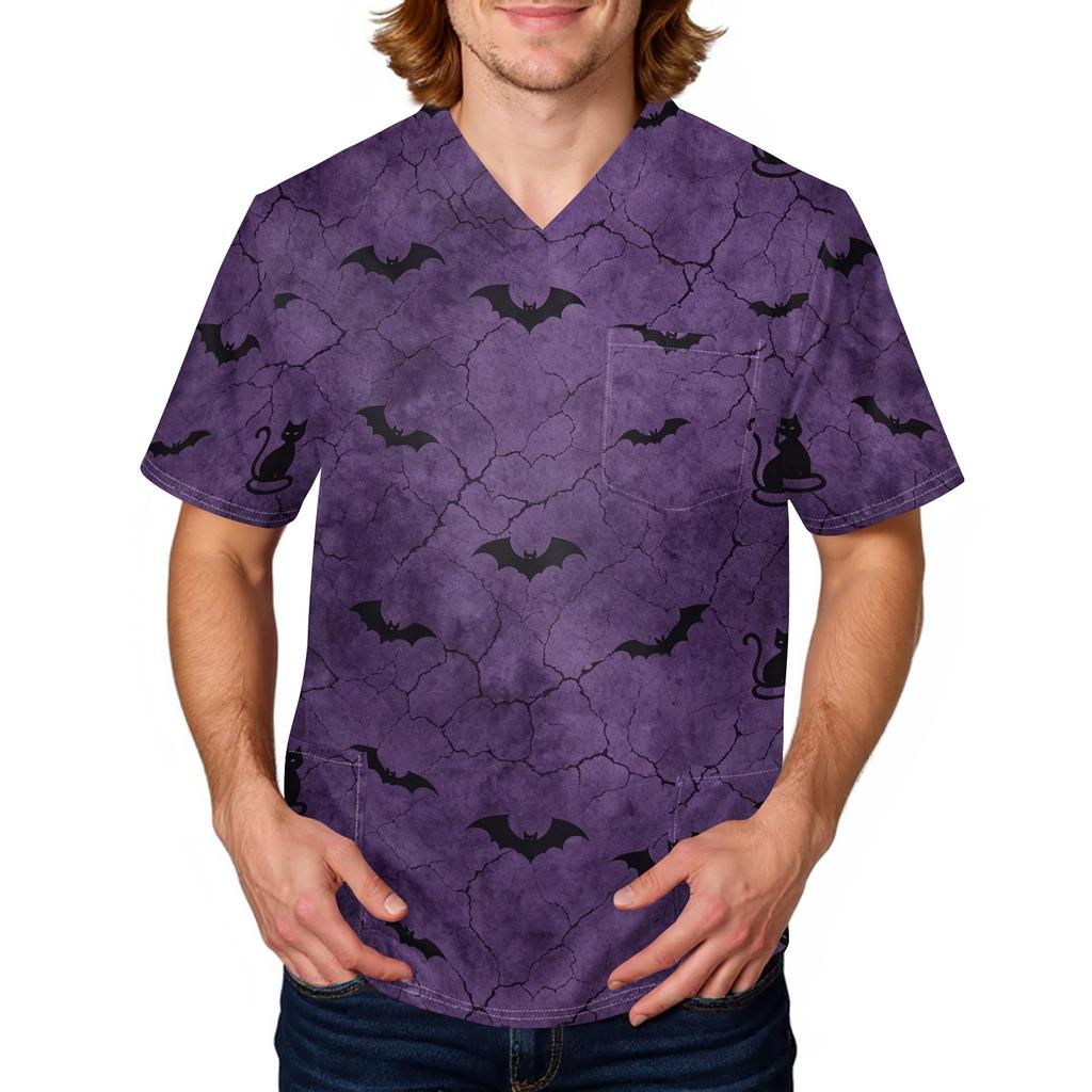 Men's Halloween Printed Medical Scrub Top V Neck with Tie and Pockets Comfortable Fit Daily Workwear for Healthcare Professionals