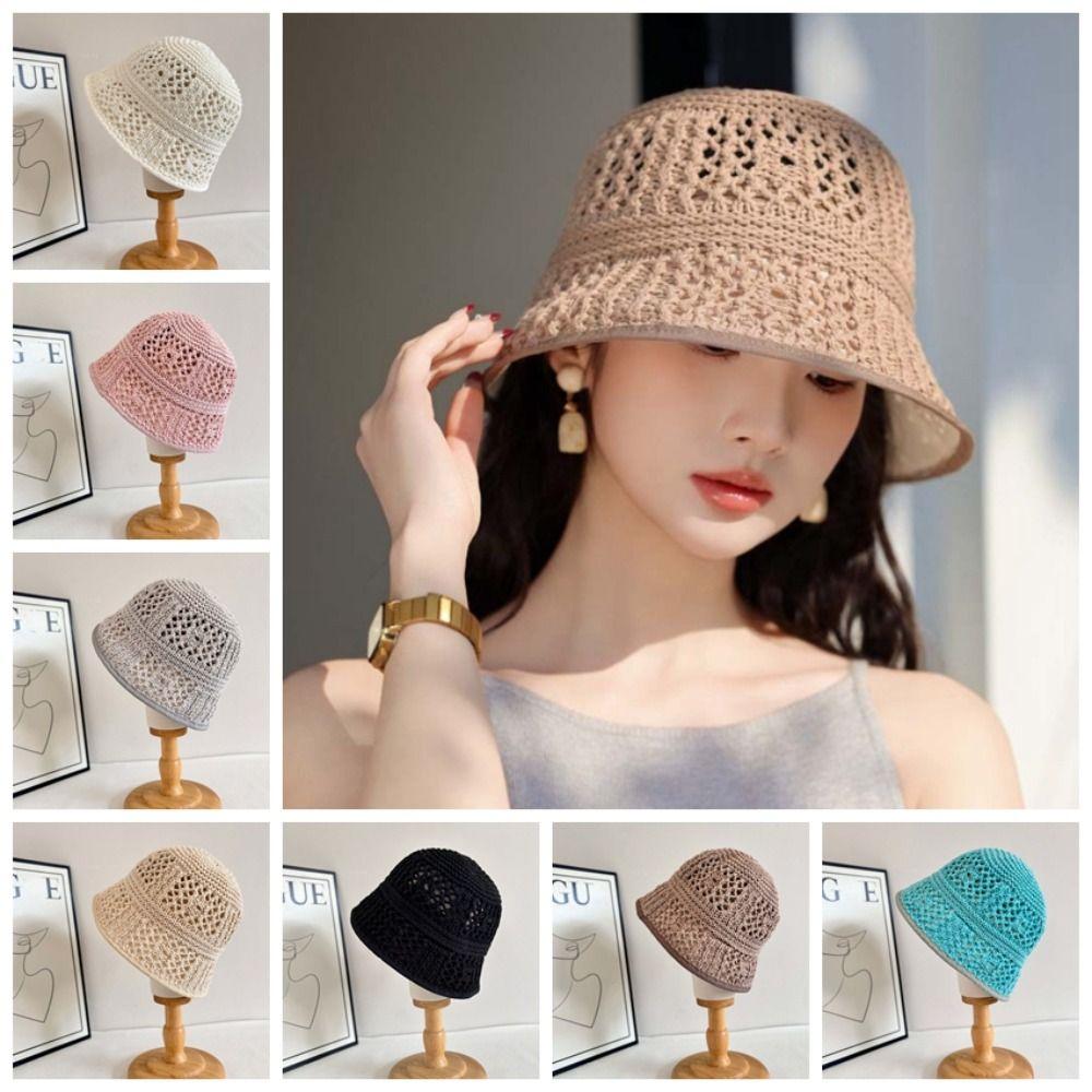 Hollow Out Knitted Bucket Hat Breathable Woven Fisherman Hat Visor Cap Sun Protection Cap  Daily