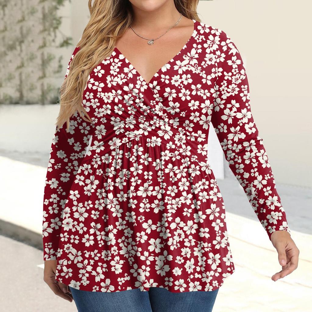 Dámská košile plus size s dlouhým rukávem, potisk, plisovaný ležérní top s výstřihem do V